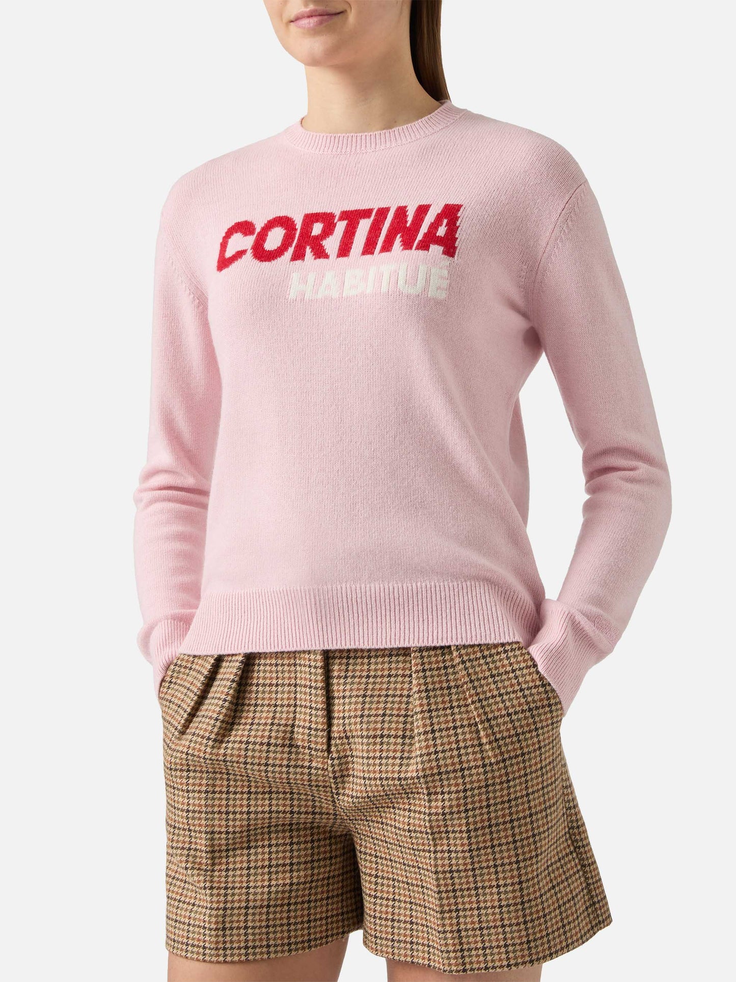 New Queen crewneck in white with Cortina habituè jacquard