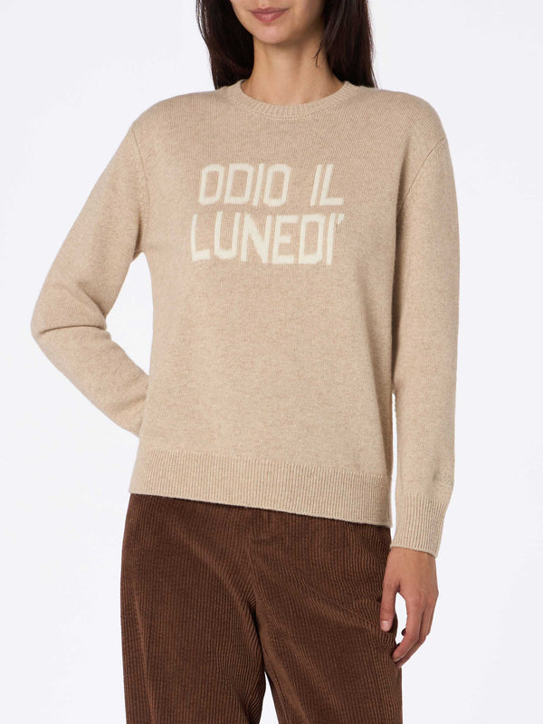 Maglione da donna beige New Queen con stampa Odio il Lunedì