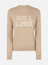 Maglione da donna beige New Queen con stampa Odio il Lunedì