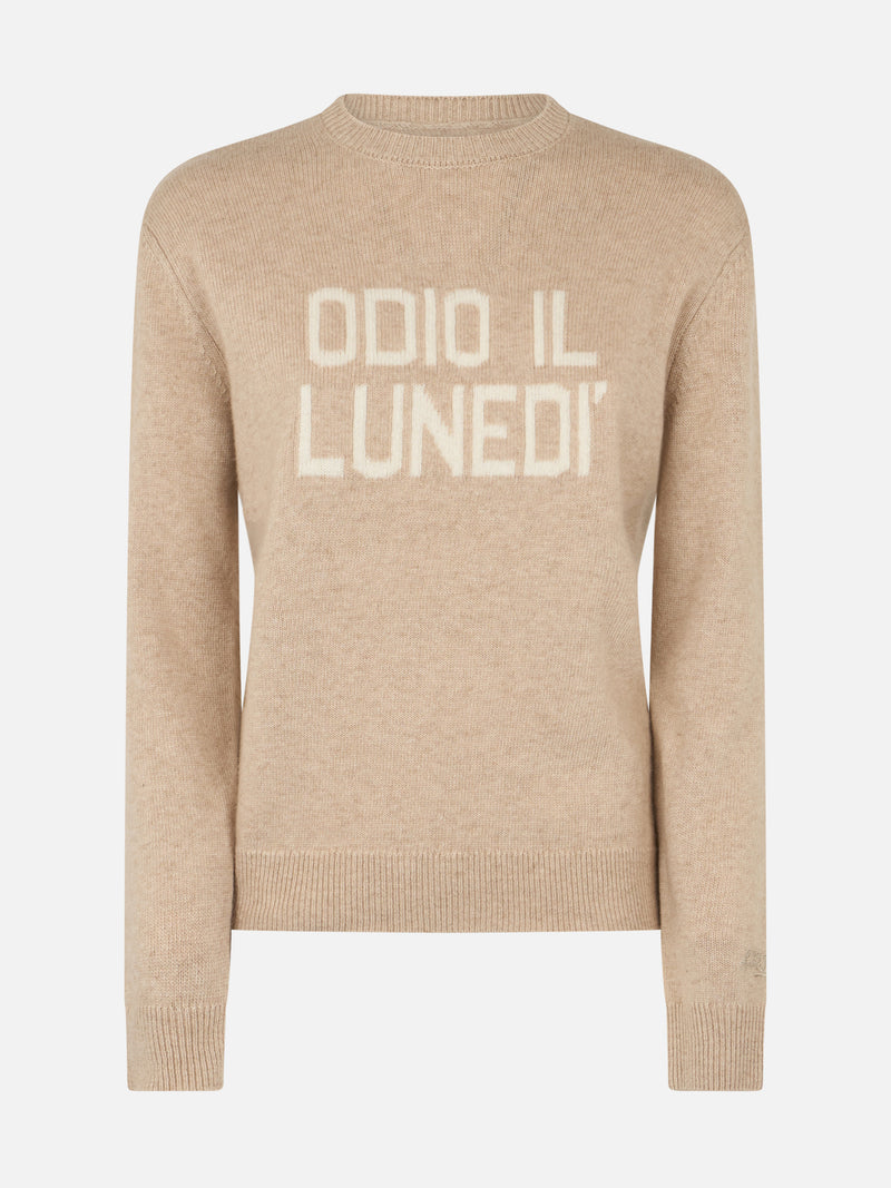 Maglione da donna beige New Queen con stampa Odio il Lunedì