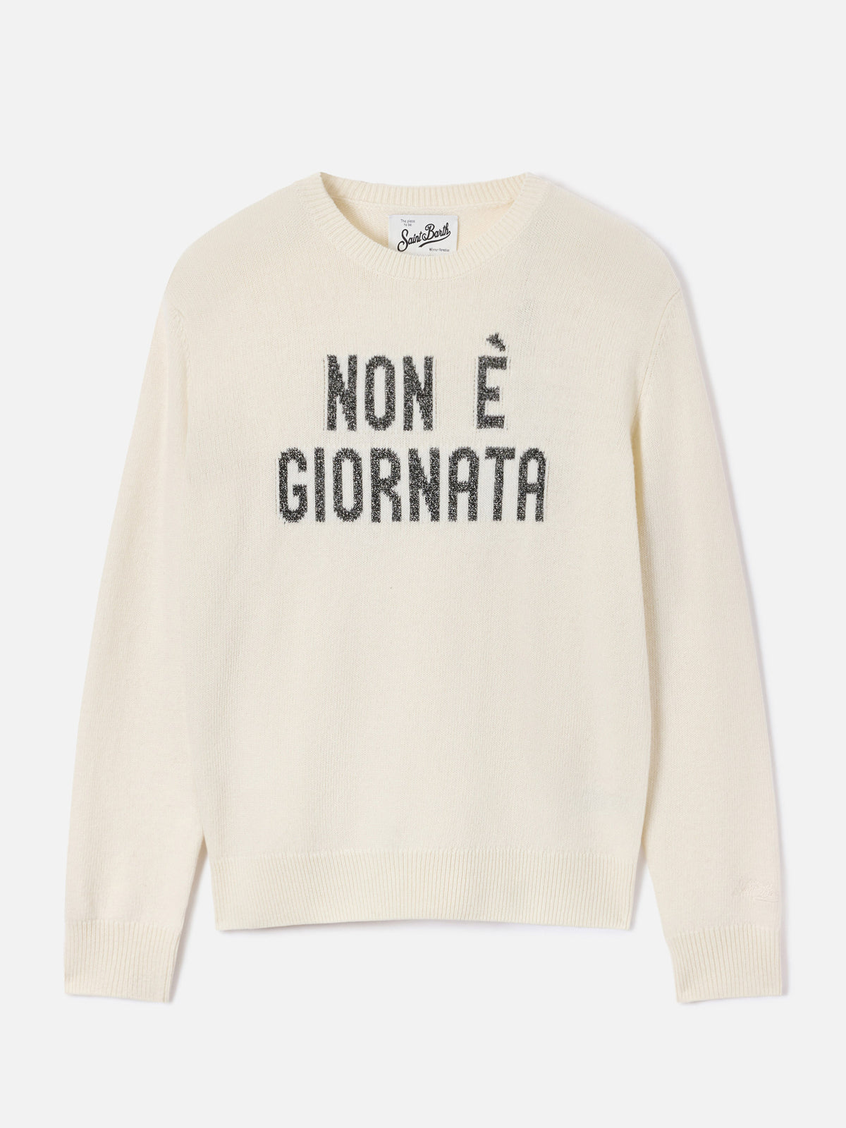 Off white New Queen Rundhals-Strick mit Non È Giornata Lurex-Stickerei 