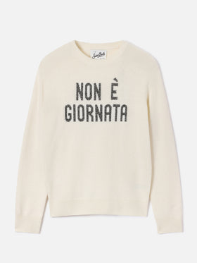 Off white New Queen Rundhals-Strick mit Non È Giornata Lurex-Stickerei 