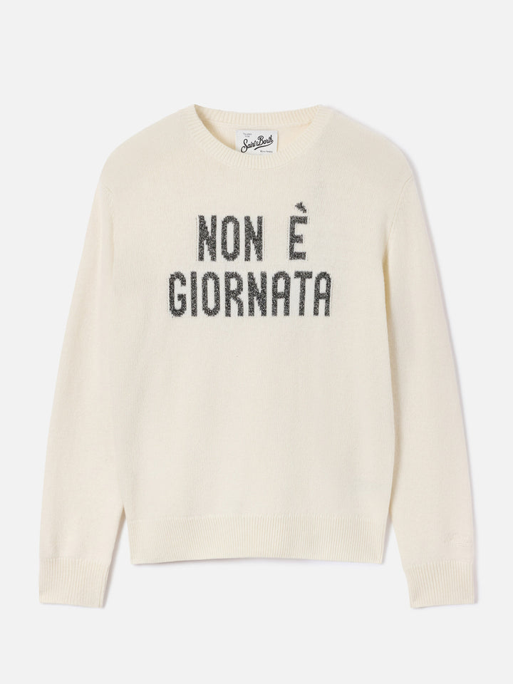 Off white New Queen crewneck knit with Non È Giornata lurex embroidery