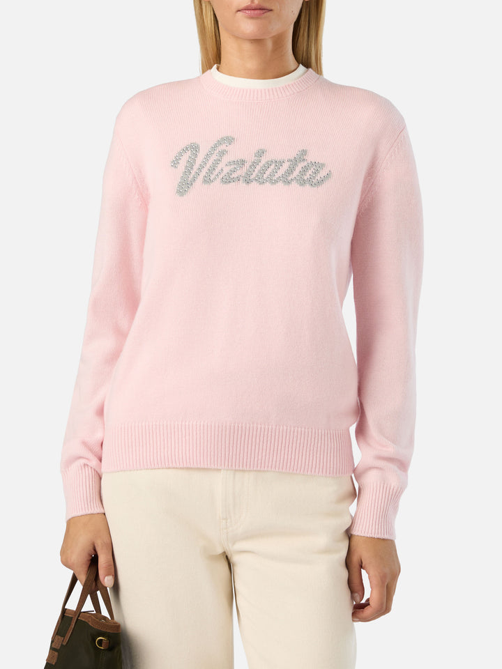 Jersey de punto con cuello redondo Pink New Queen con bordado Viziata de strass 