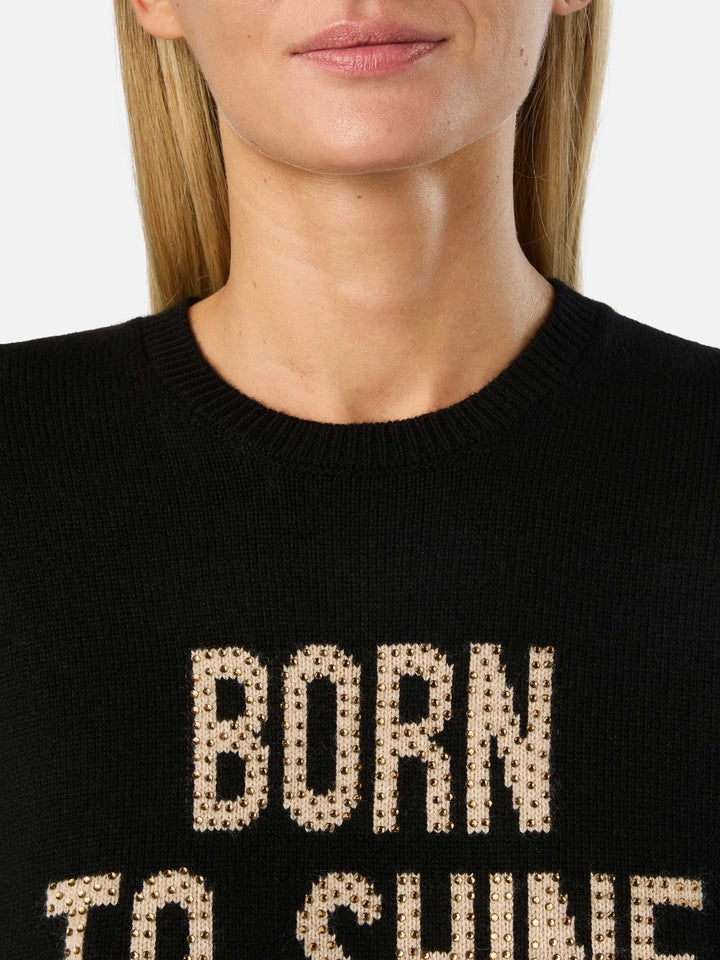 Jersey de punto negro New Queen con cuello redondo y bordado de strass Born To Shine 