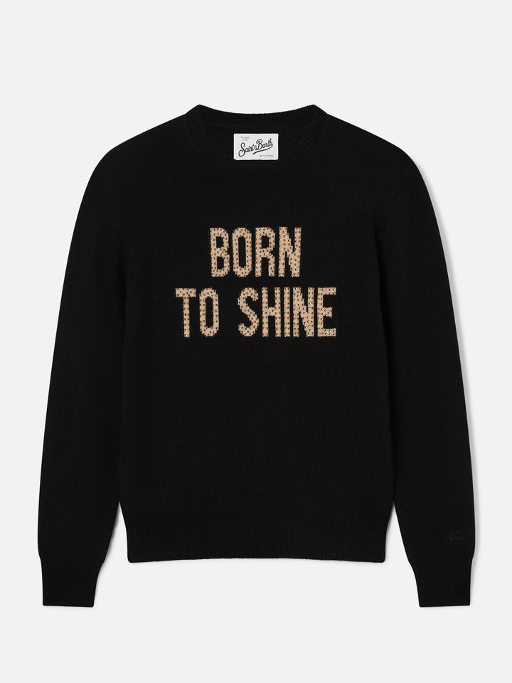 Jersey de punto negro New Queen con cuello redondo y bordado de strass Born To Shine 