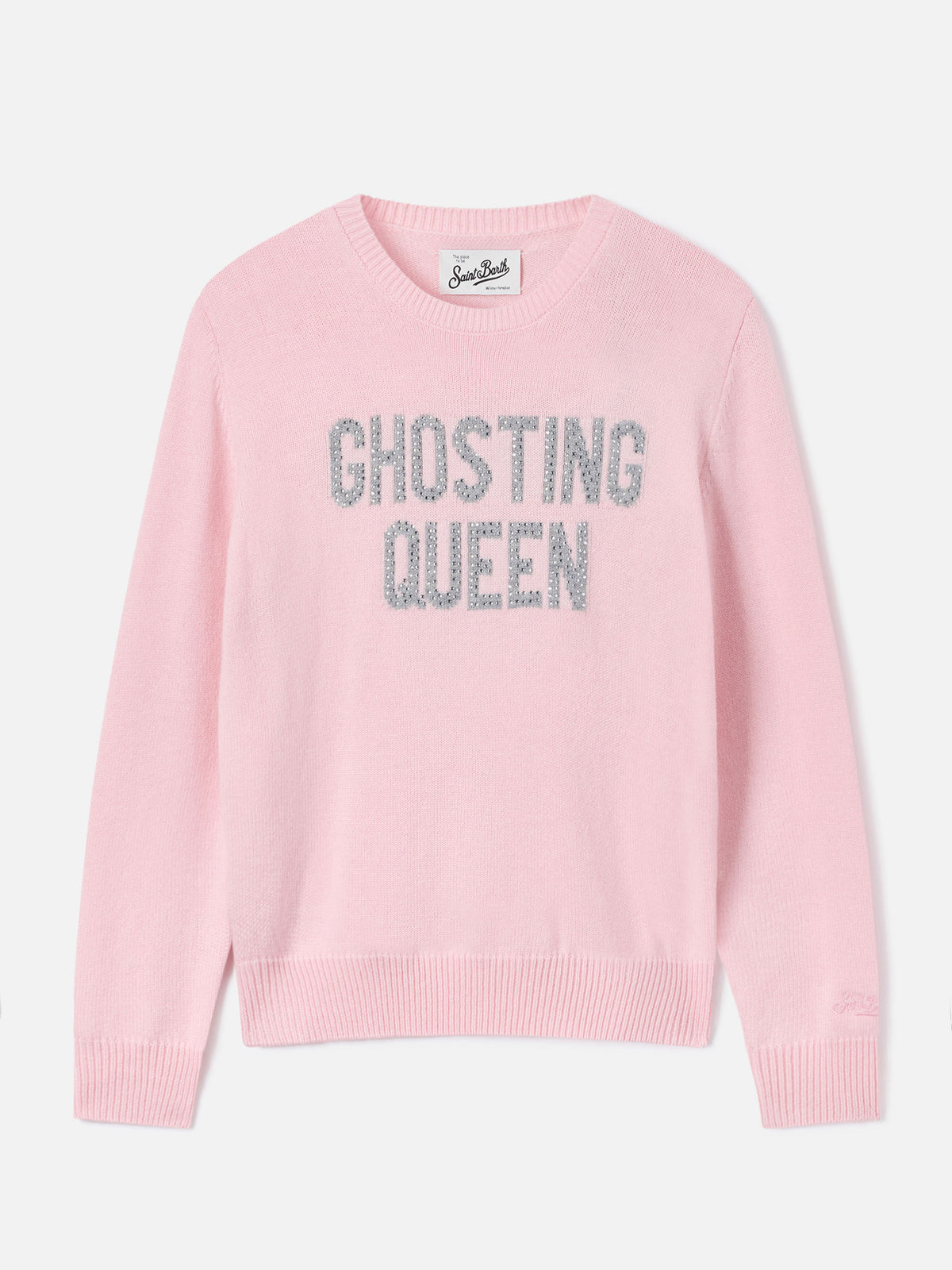 Maglia girocollo New Queen rosa con ricamo Ghosting Queen in strass