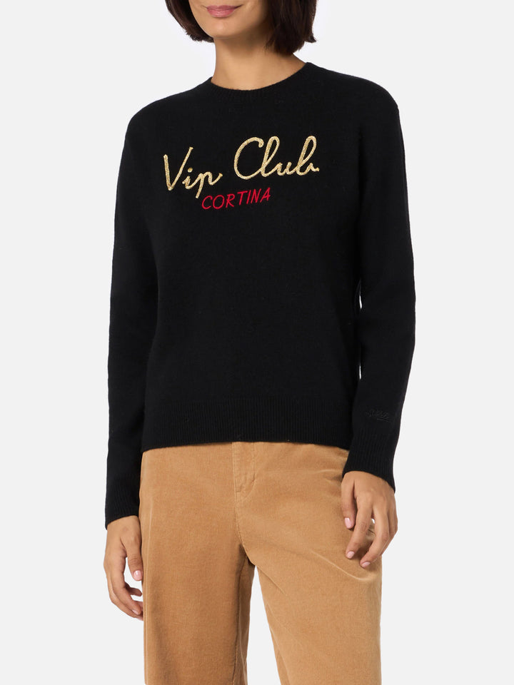 Maglione da donna nero New Queen con ricamo Vip club Cortina | VIP CLUB CORTINA SPECIAL EDITION