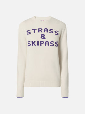 New Queen crewneck in white with Strass & Skipass rhinestone embellishment