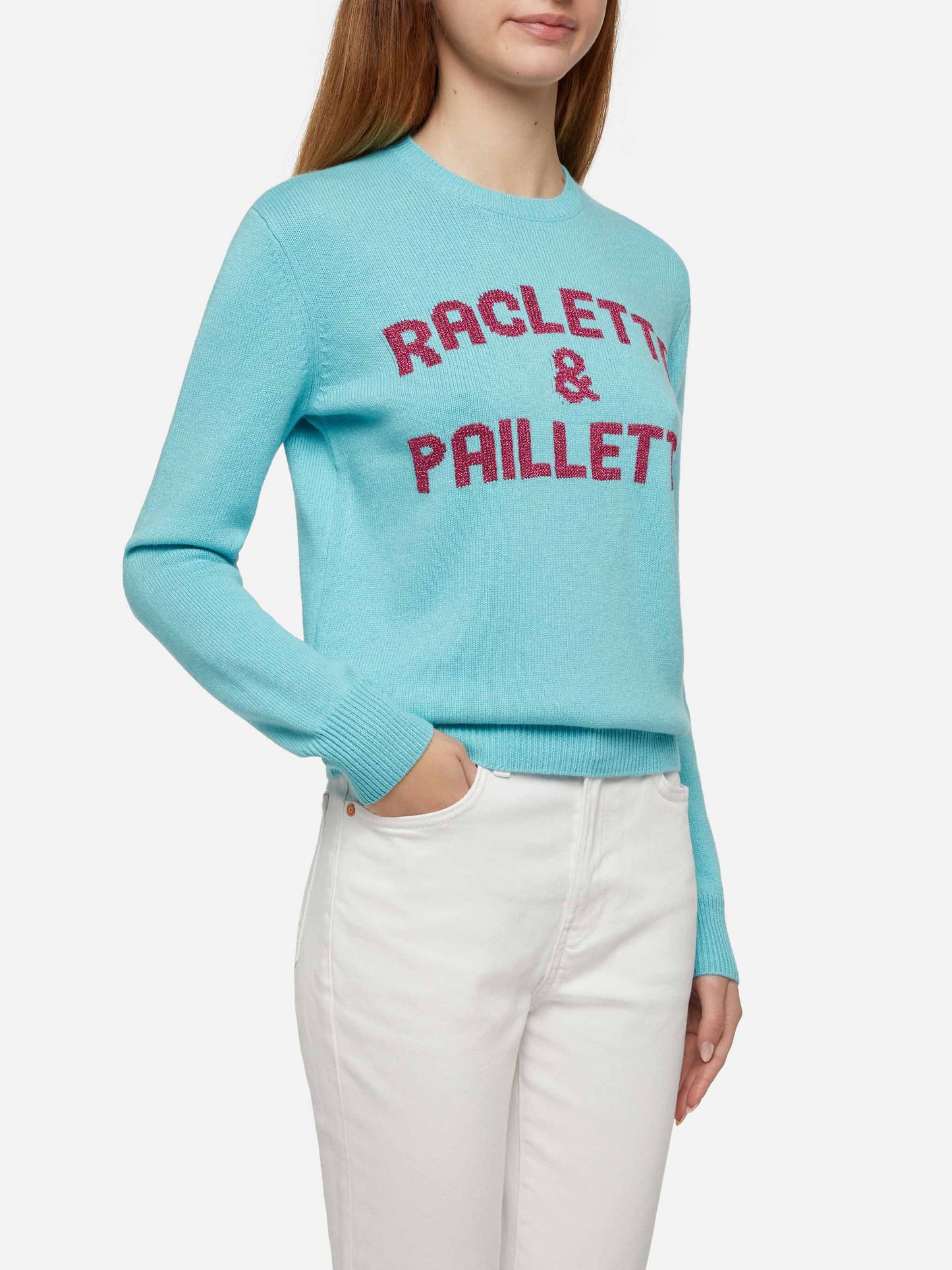 Wassergrüner Pullover New Queen mit Raclette &amp; Paillettes Pailletten-Schriftzug