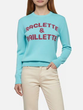 Maglione verde acqua New Queen con scritta Raclette& Paillettes in paillettes