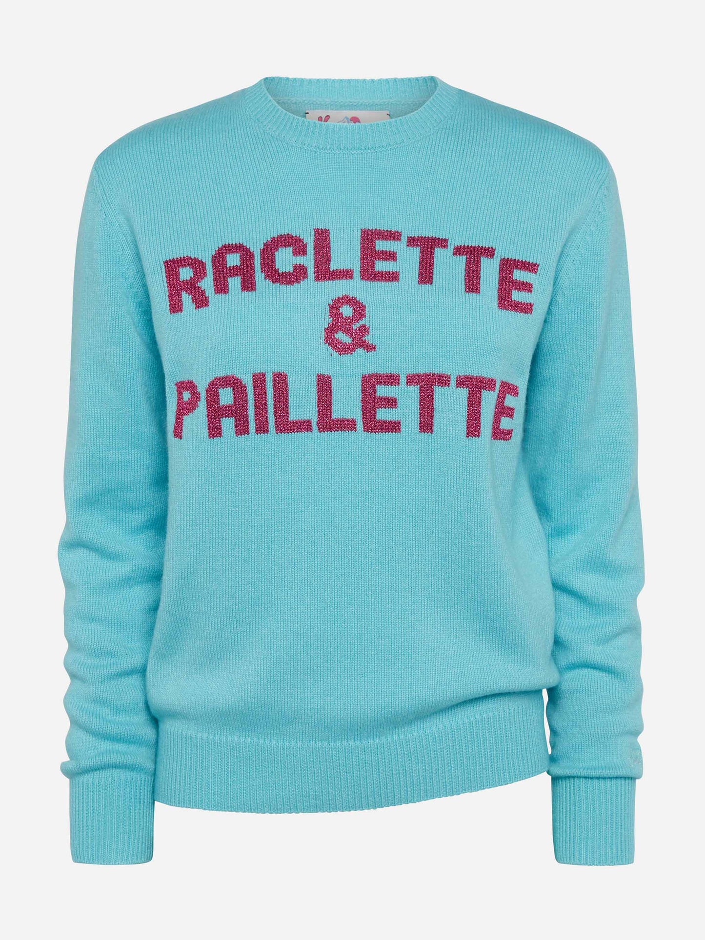 Wassergrüner Pullover New Queen mit Raclette &amp; Paillettes Pailletten-Schriftzug