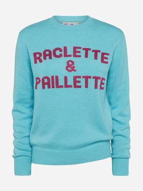 Wassergrüner Pullover New Queen mit Raclette &amp; Paillettes Pailletten-Schriftzug