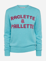 Water green sweater New Queen with Raclette & Paillettes sequins lettering