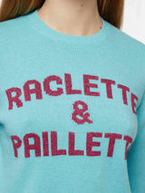 Water green sweater New Queen with Raclette & Paillettes sequins lettering