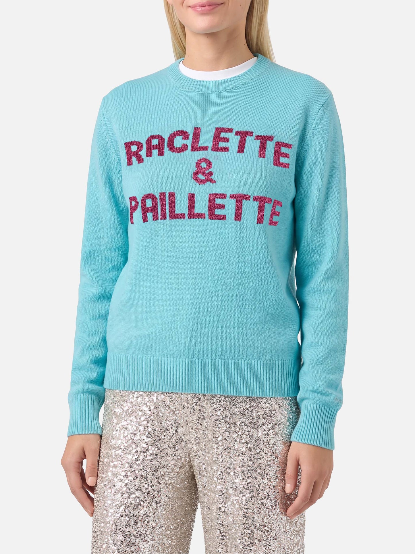 Maglione verde acqua New Queen con scritta Raclette& Paillettes in paillettes
