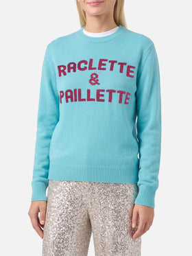 Maglione verde acqua New Queen con scritta Raclette& Paillettes in paillettes