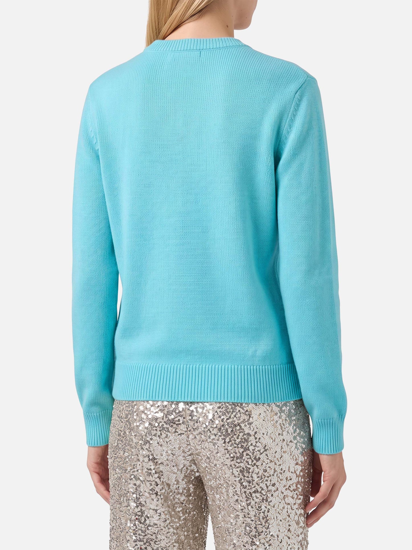 Maglione verde acqua New Queen con scritta Raclette& Paillettes in paillettes