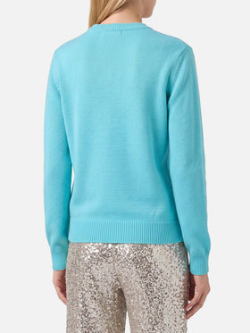 Maglione verde acqua New Queen con scritta Raclette& Paillettes in paillettes