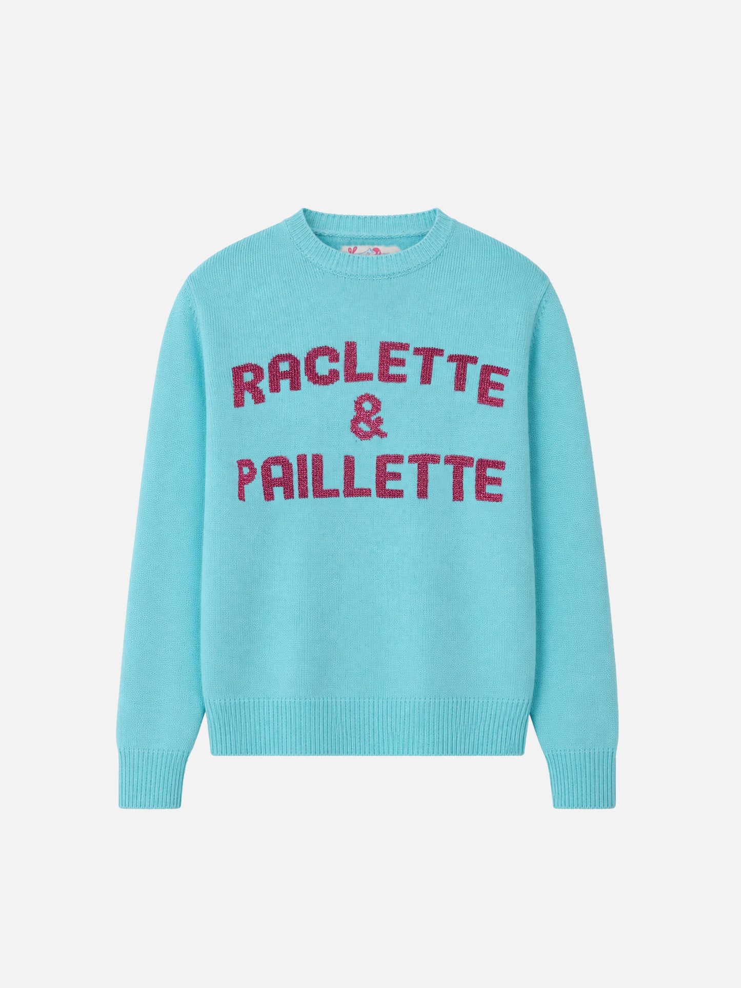Maglione verde acqua New Queen con scritta Raclette& Paillettes in paillettes