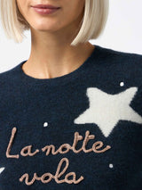 Woman blue sweater New Queen with La notte vola embroidery and stars print