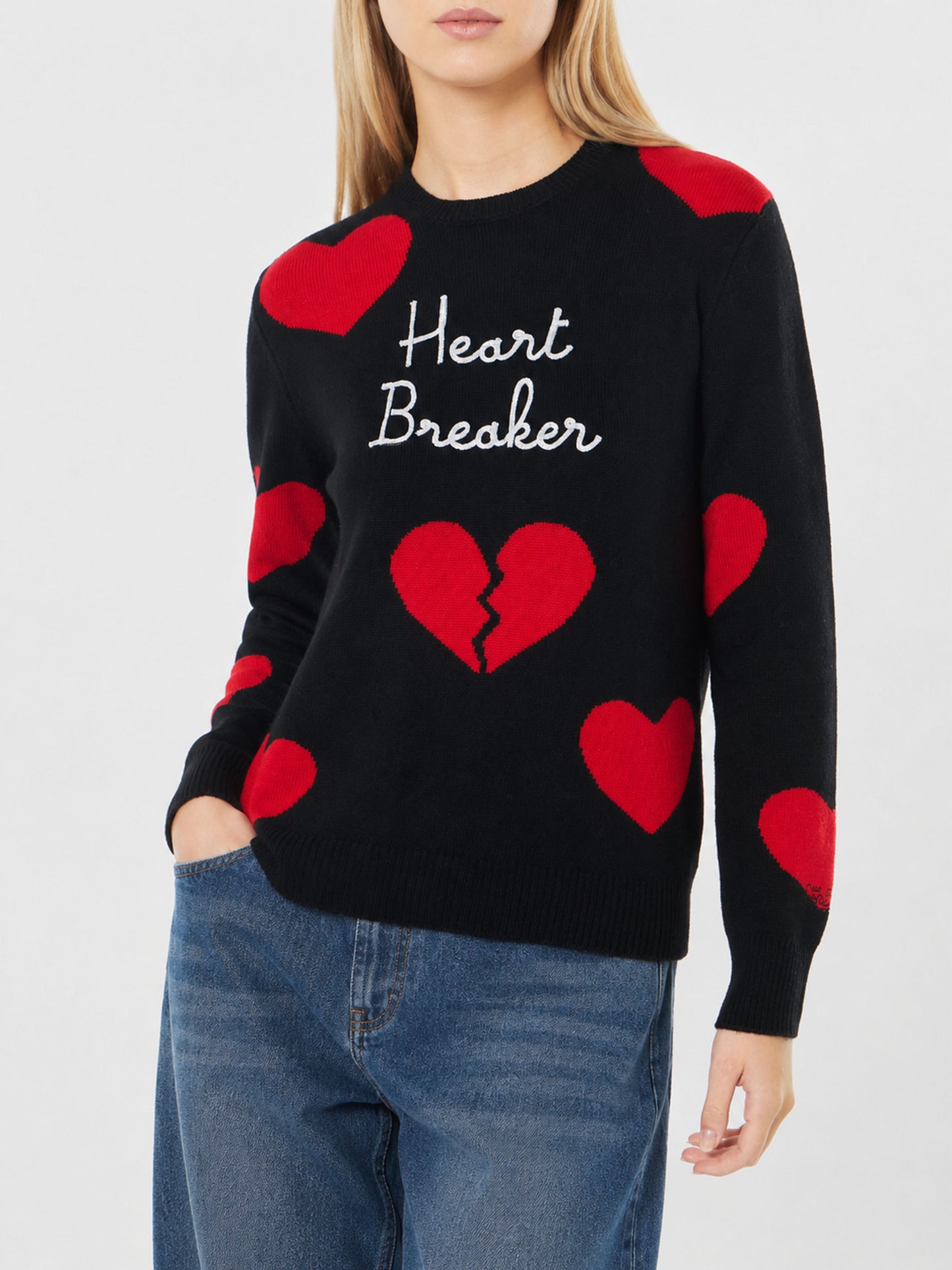 Neuer schwarzer Queen-Pullover mit Heart Breaker-Stickerei und Herz-Jacquard 