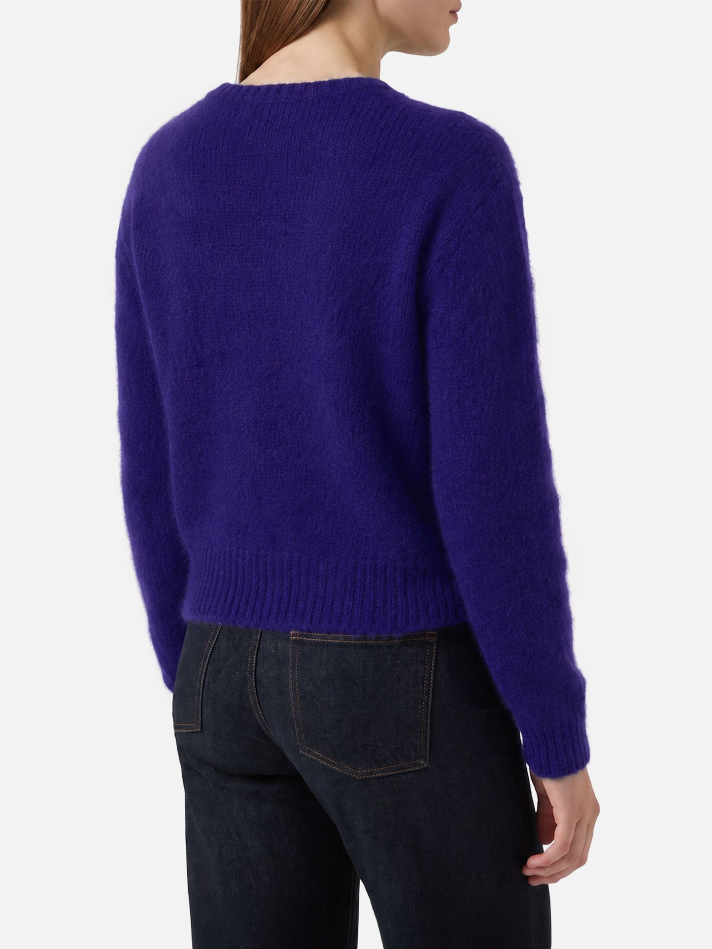 New Queen purple crop crewneck sweater with Dammi solo un minuto embroidery