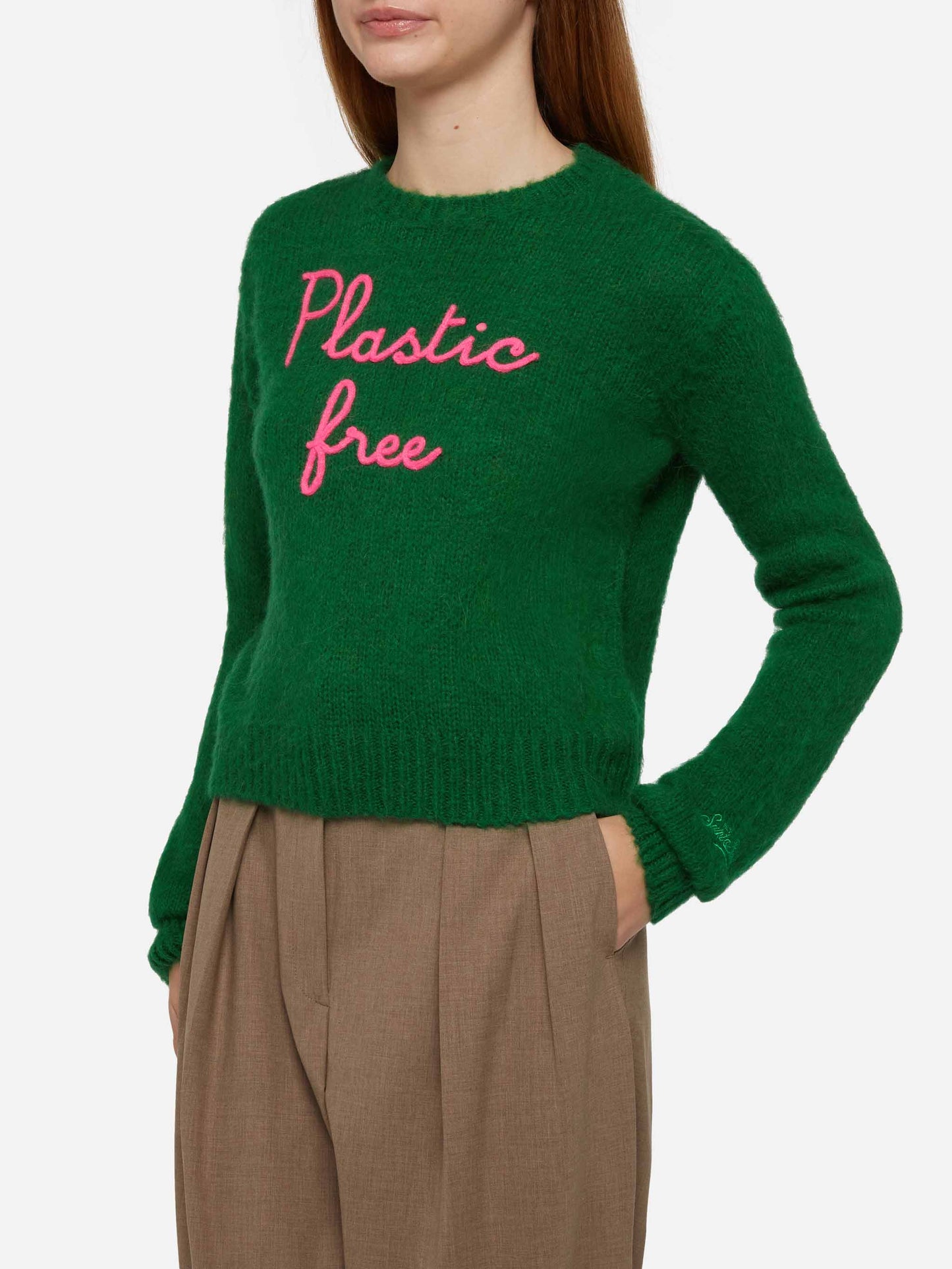 Woman crewneck soft crop sweater with Plastic free embroidery