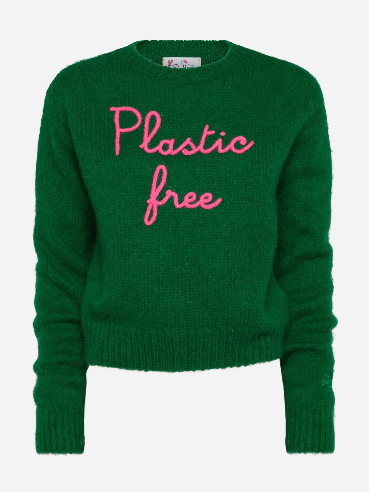 Woman crewneck soft crop sweater with Plastic free embroidery