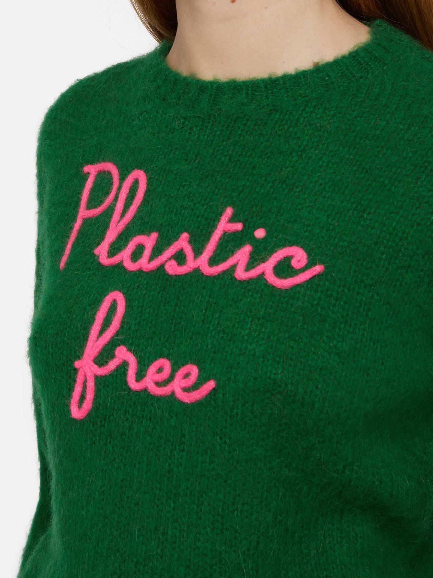 Woman crewneck soft crop sweater with Plastic free embroidery