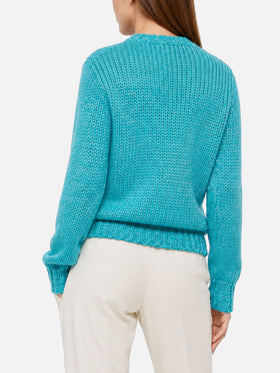 Maglia crop New Queen in filato mouliné turchese con ricamo