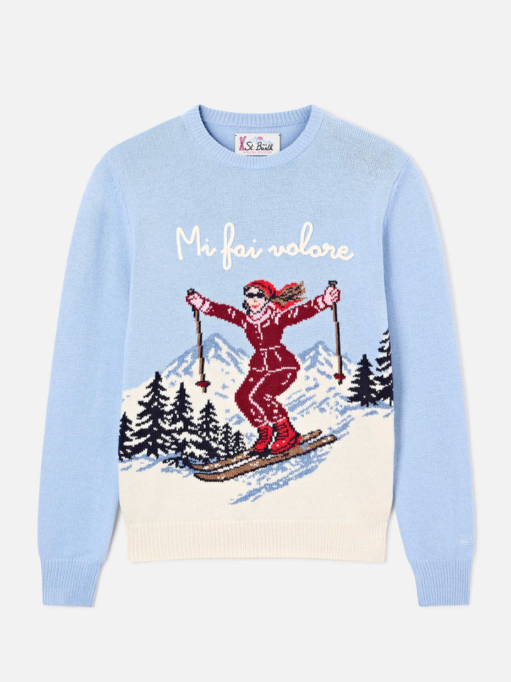 Leichter blue New Queen Rundhals-Strickpullover mit Mi Fai Volare-Stickerei 