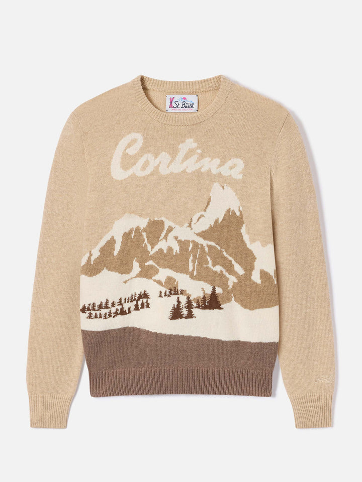 Jersey de punto de cuello redondo Beige New Queen con intarsia Cortina 