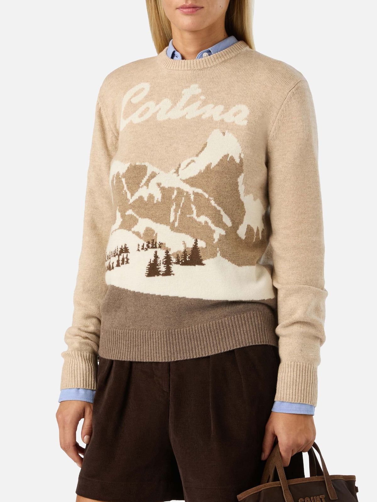 Beiger New Queen Rundhals-Strickpullover mit Cortina-Intarsie 