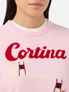 New Queen cashmere-blend sweater in pink with Cortina postcard jacquard