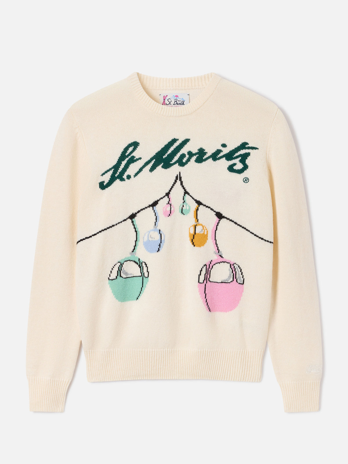 Pull en maille à col rond New Queen blanc cassé avec motif téléphérique en intarsia St. Moritz | Special edition 
