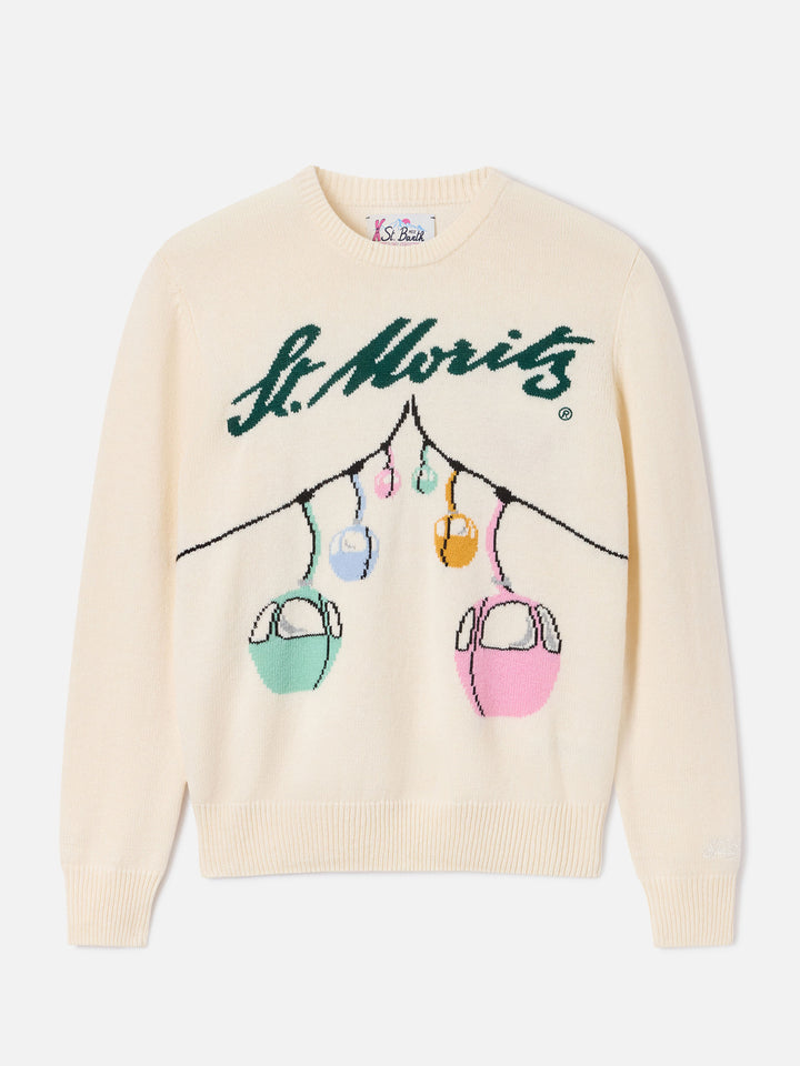 Off white New Queen crewneck knit with St. Moritz cable car intarsia | Special edition