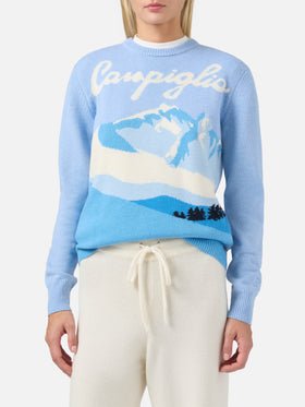 Maglione New Queen in misto cashmere azzurro con jacquard cartolina Campiglio