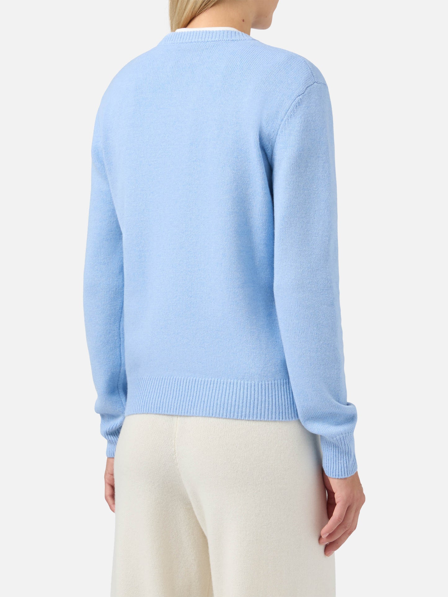 Maglione New Queen in misto cashmere azzurro con jacquard cartolina Campiglio
