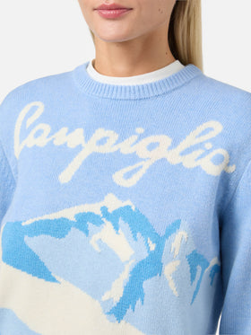 Maglione New Queen in misto cashmere azzurro con jacquard cartolina Campiglio