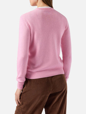 New Queen cashmere-blend sweater in pink with Courma postcard jacquard