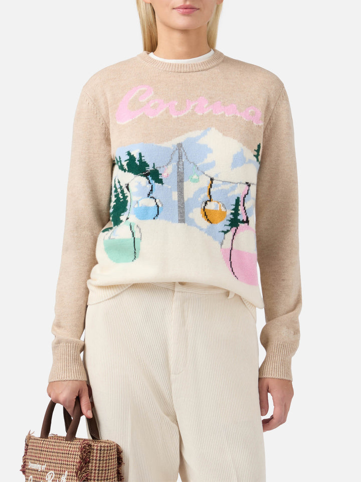 Maglione New Queen in misto cashmere beige con jacquard cartolina Courma