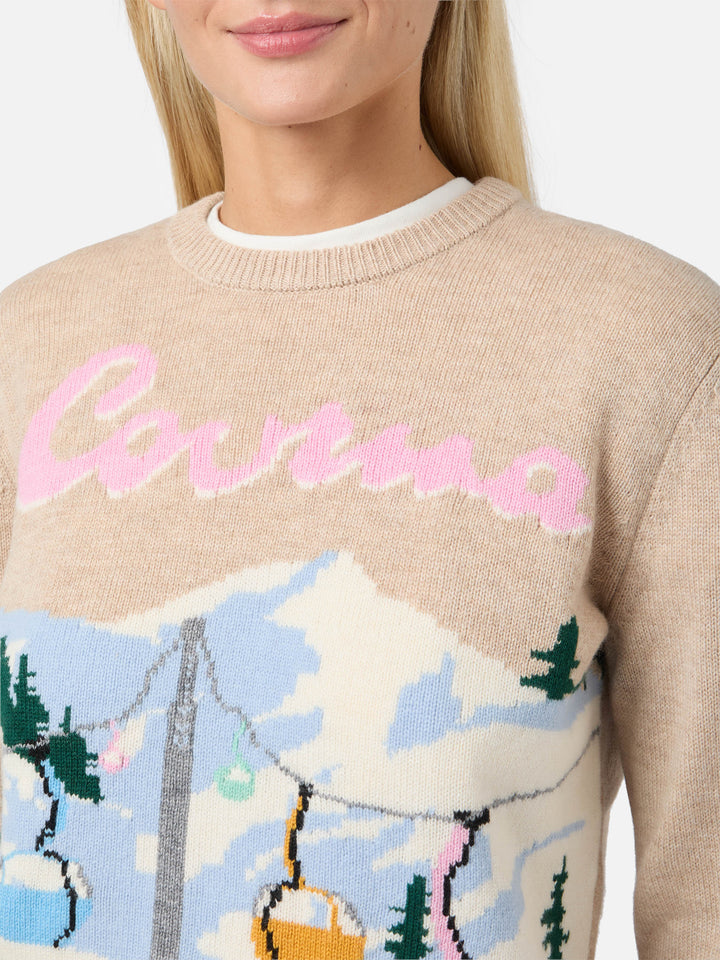 Maglione New Queen in misto cashmere beige con jacquard cartolina Courma