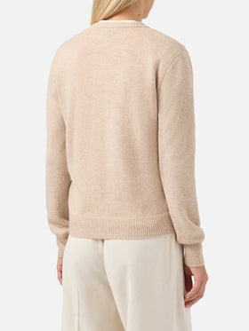 Maglione New Queen in misto cashmere beige con jacquard cartolina Courma