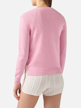 New Queen cashmere-blend sweater in pink with St. Moritz postcard jacquard | ST. MORITZ SPECIAL EDITION