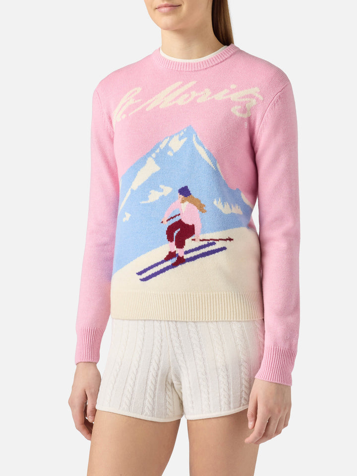 Maglione New Queen in misto cashmere rosa con jacquard cartolina St. Moritz | ST. MORITZ SPECIAL EDITION