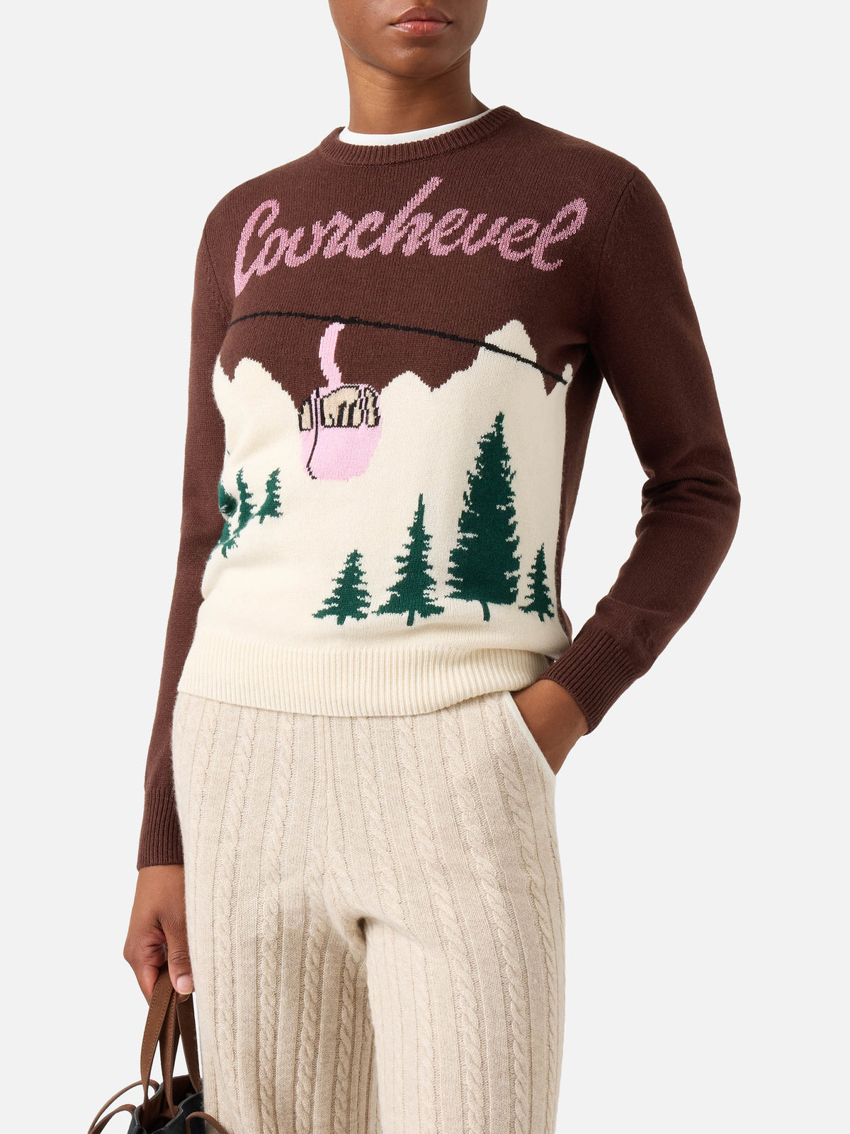 Brauner New Queen Rundhals-Strickpullover mit Courchevel Intarsienmuster 