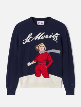 Marineblauer blue New Queen Rundhals-Strickpullover mit St. Moritz Skifahrer-Intarsie | Special edition 