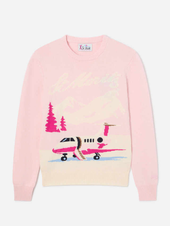 Pull en maille rose New Queen à col rond avec intarsia avion St. Moritz | Special edition 