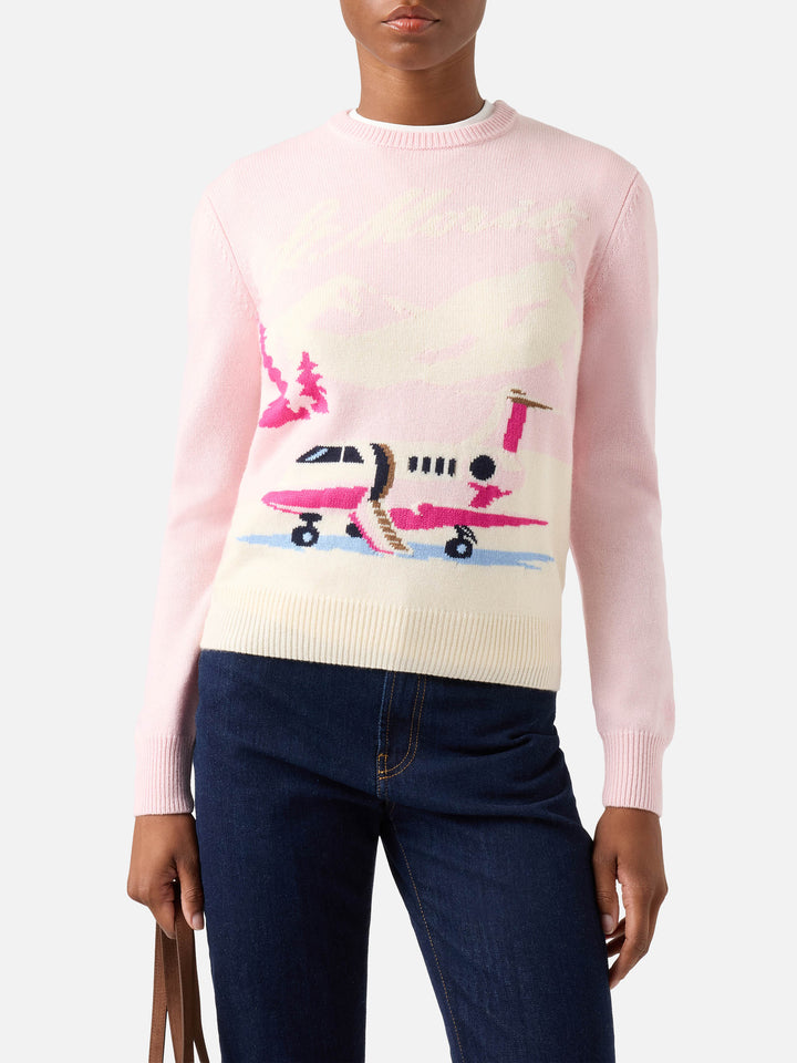 Pull en maille rose New Queen à col rond avec intarsia avion St. Moritz | Special edition 